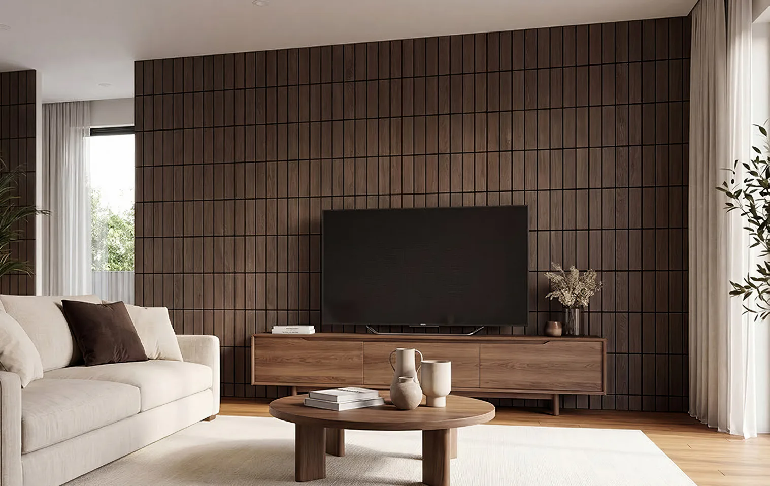 Supplier-provided visualization of dark grid-pattern PET panels on a television feature wall