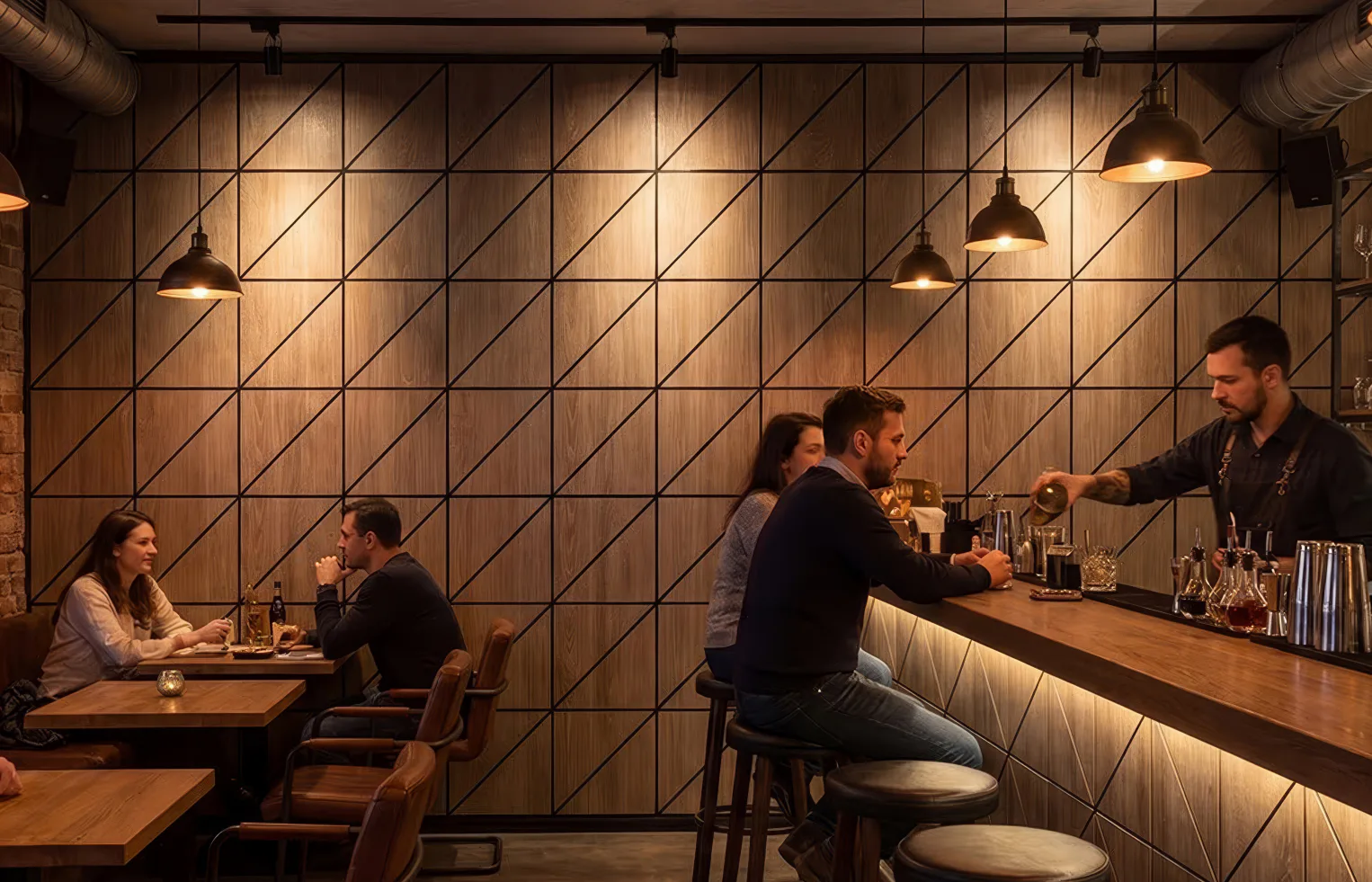 Supplier-provided visualization of diagonal revealed-grain PET panels in a bar interior