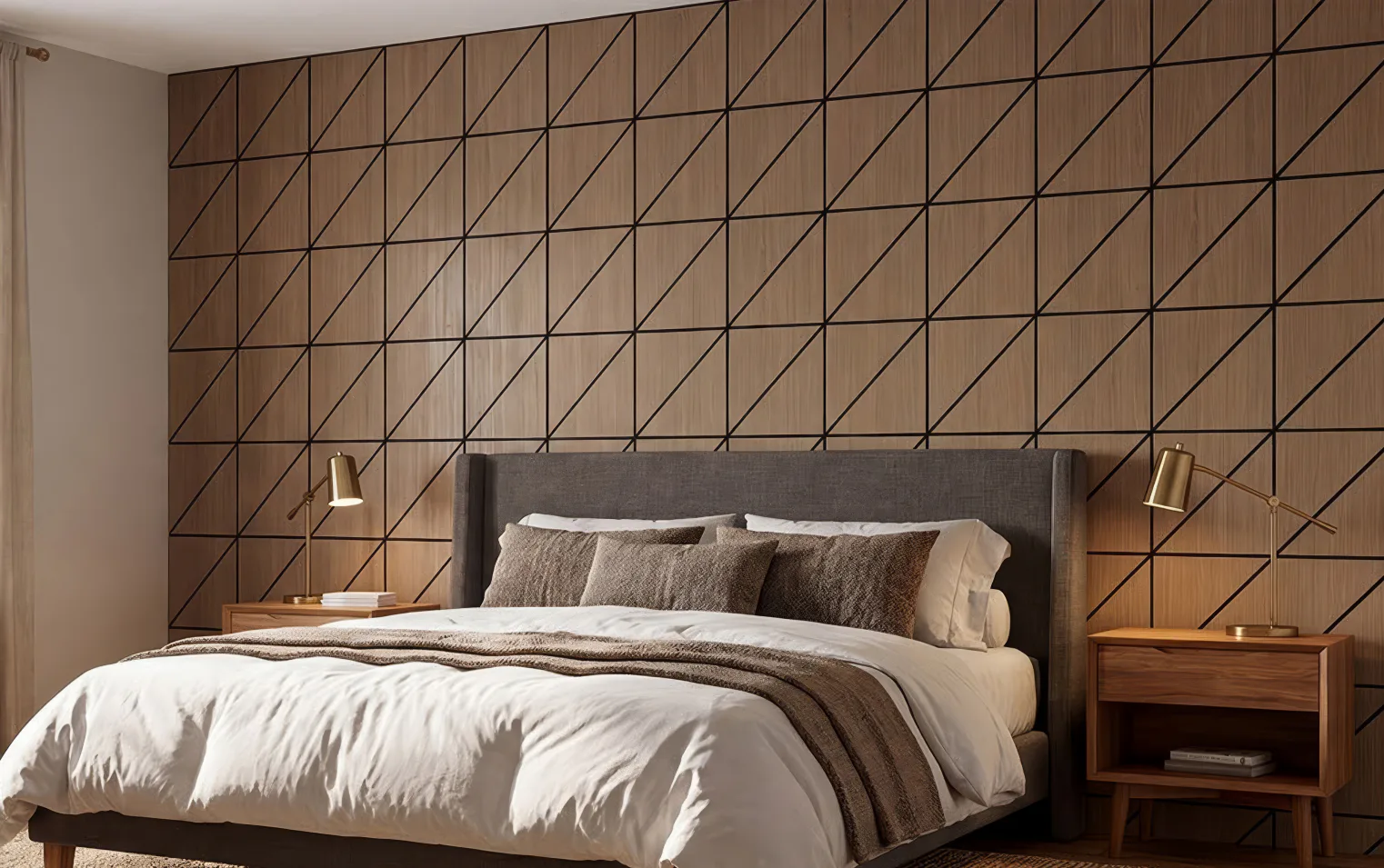 Supplier-provided visualization of diagonal revealed-grain PET panels behind a bed
