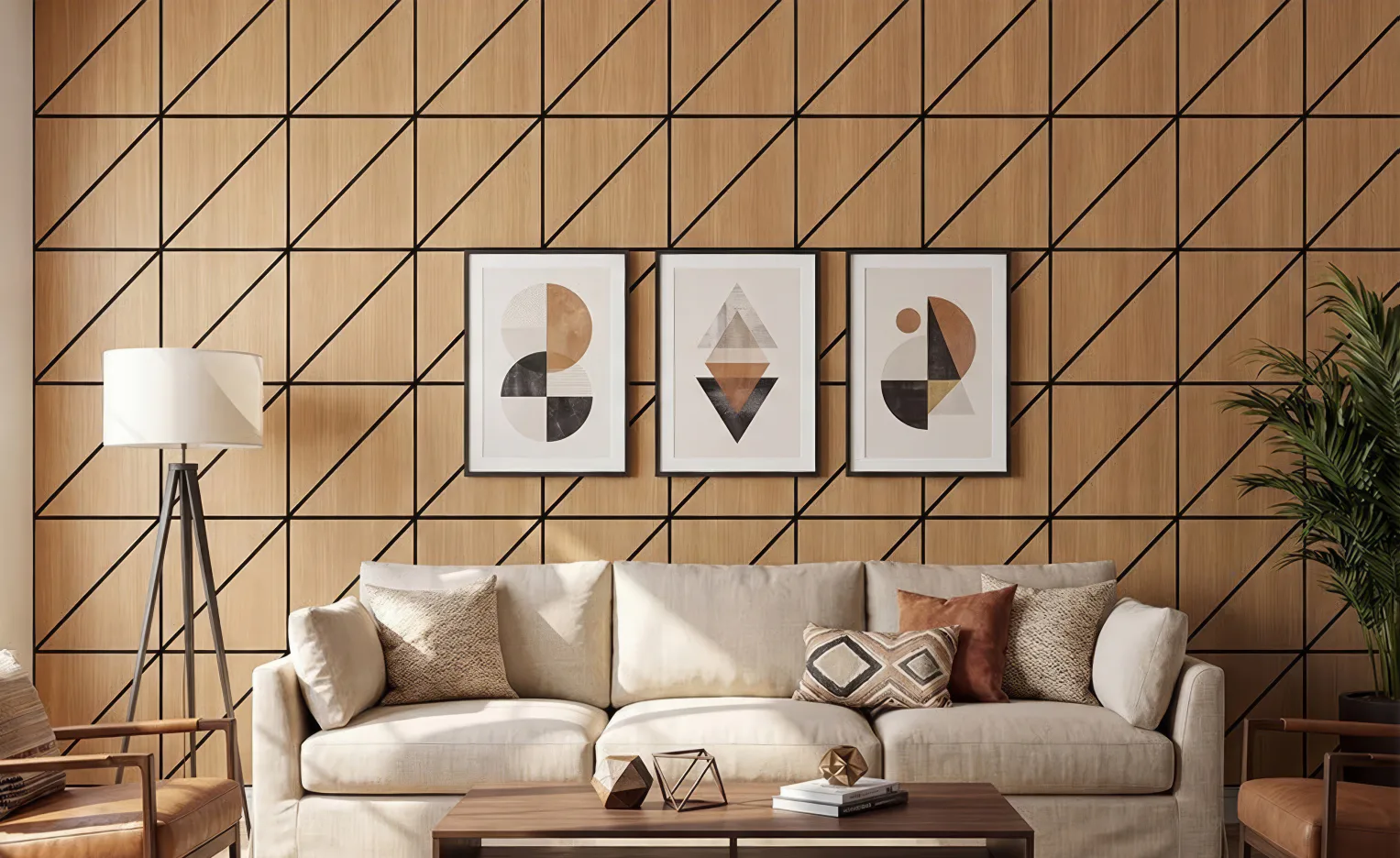 Supplier-provided visualization of diagonal black linework across a wood-color living-room wall