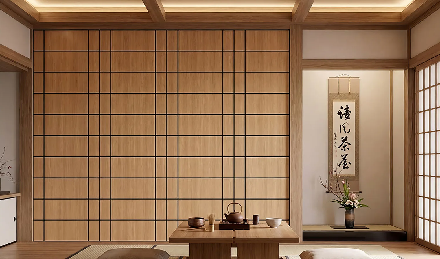 Supplier-provided visualization of grid-pattern PET panels in a Japanese-style interior