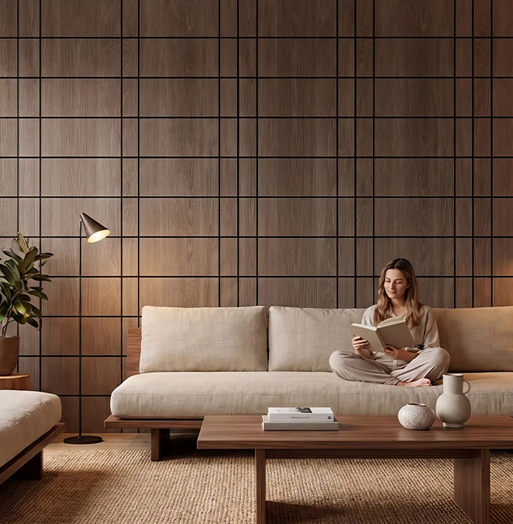 Supplier-provided visualization of dark wood-color PET panels with a carved black grid