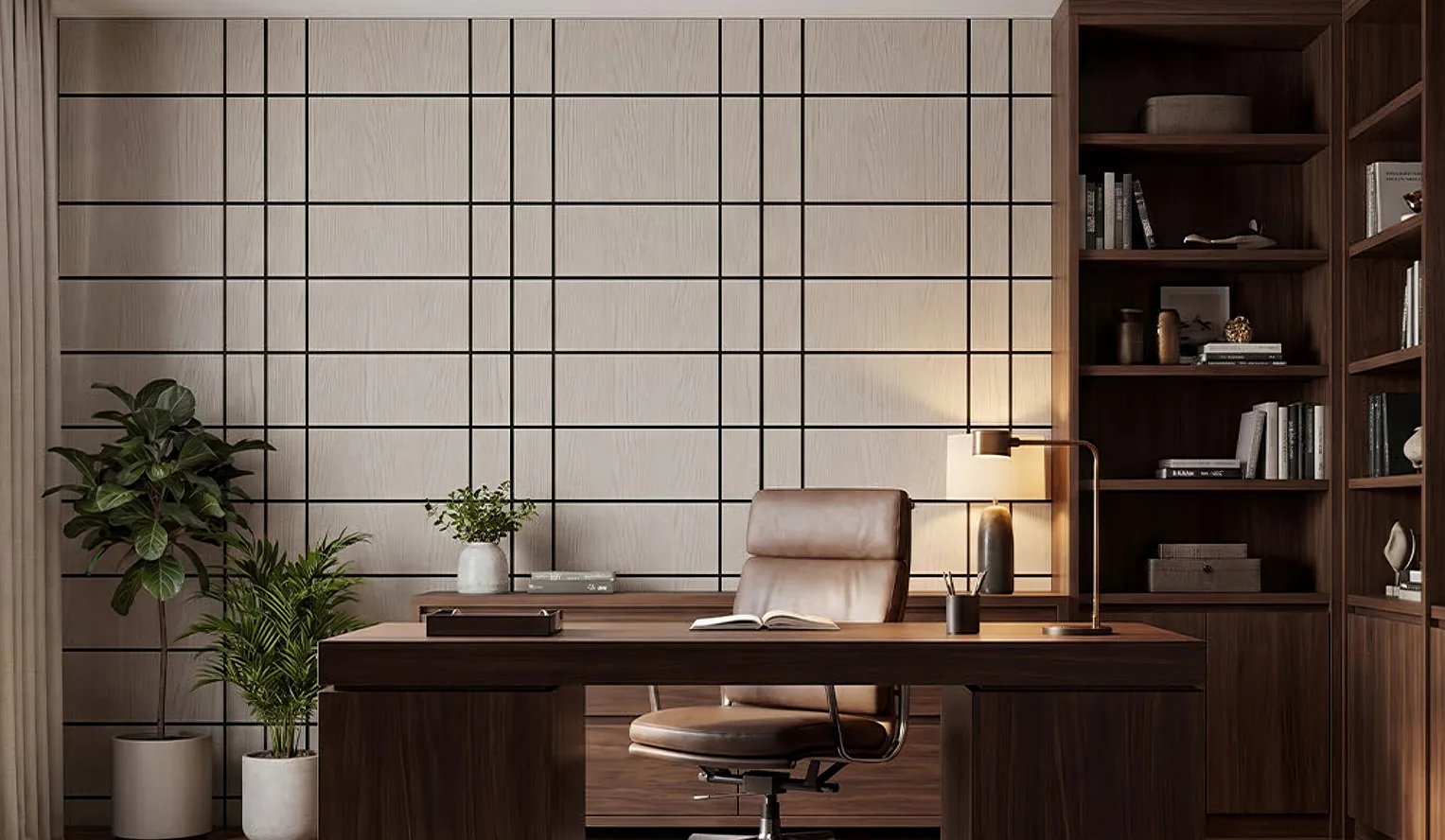 Supplier-provided visualization of light wood-color PET panels with a rectangular black grid in an office