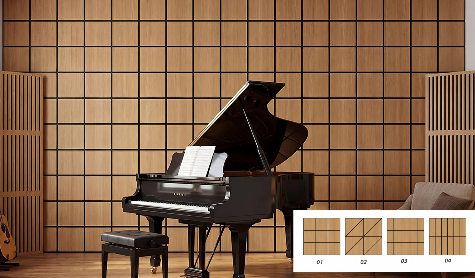 Supplier source reference showing grid pattern options in a music room