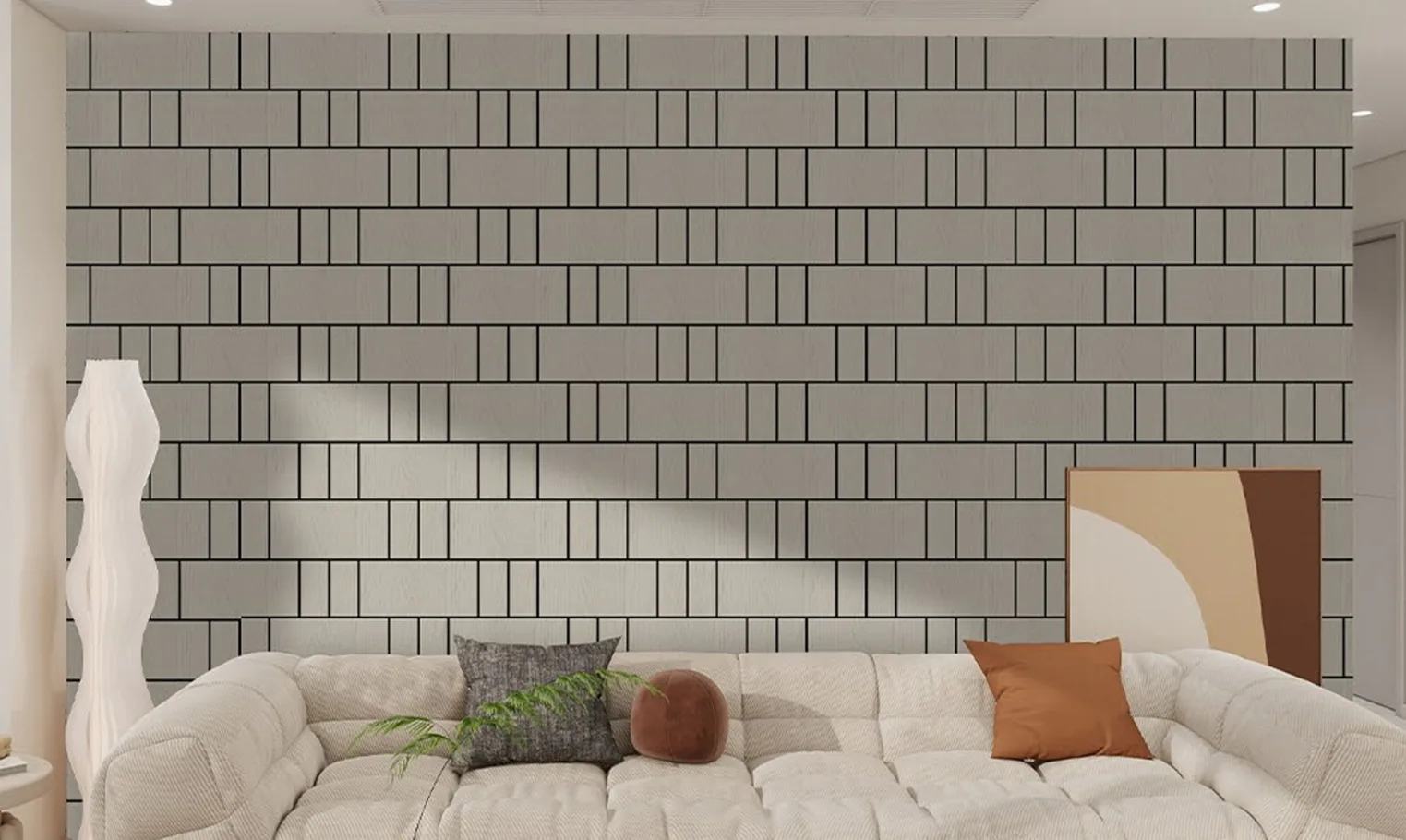 Supplier-provided visualization of light staggered PET wall panels in a living room