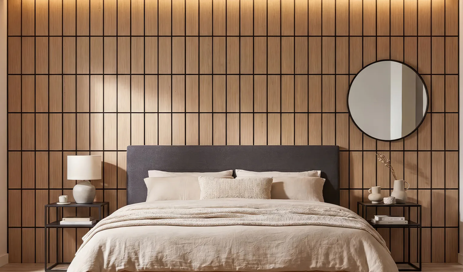 Supplier-provided visualization of vertical grid PET panels behind a bed