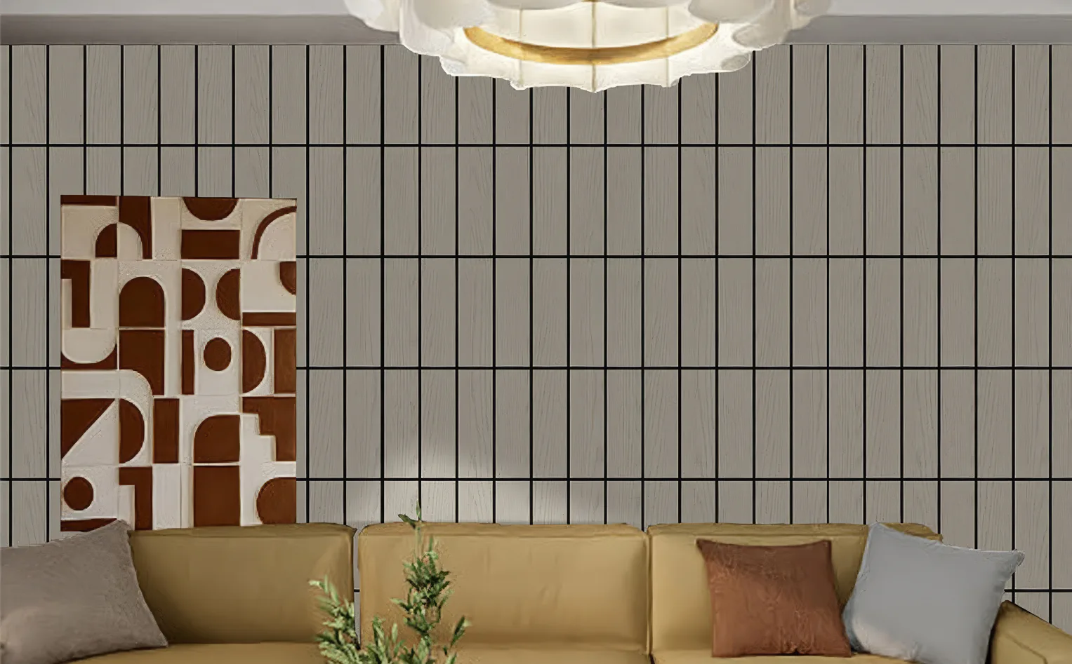 Supplier-provided visualization of vertical carved black lines behind lounge seating