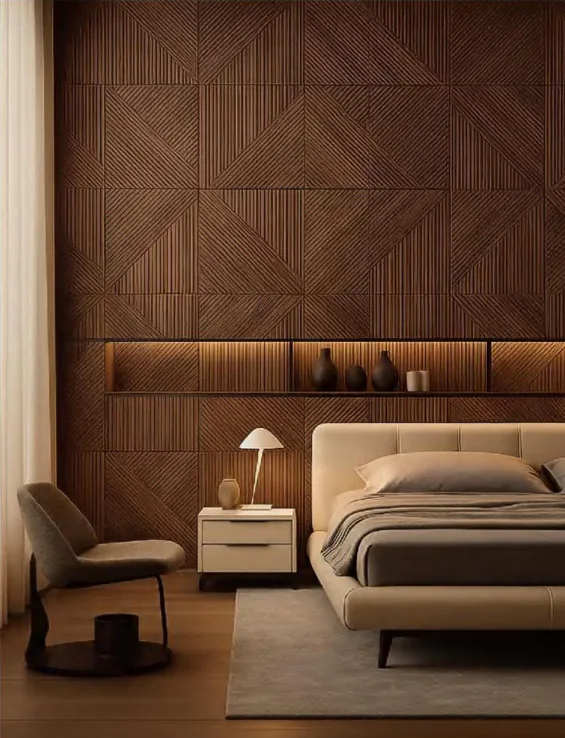 Supplier-provided visualization of dark wood-look carved PET panels in a bedroom