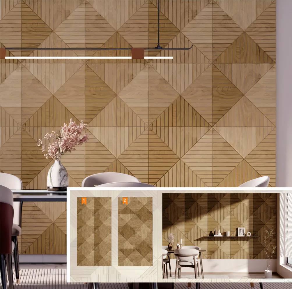 Supplier-provided visualization of diamond-pattern wood-look PET panels in a dining space