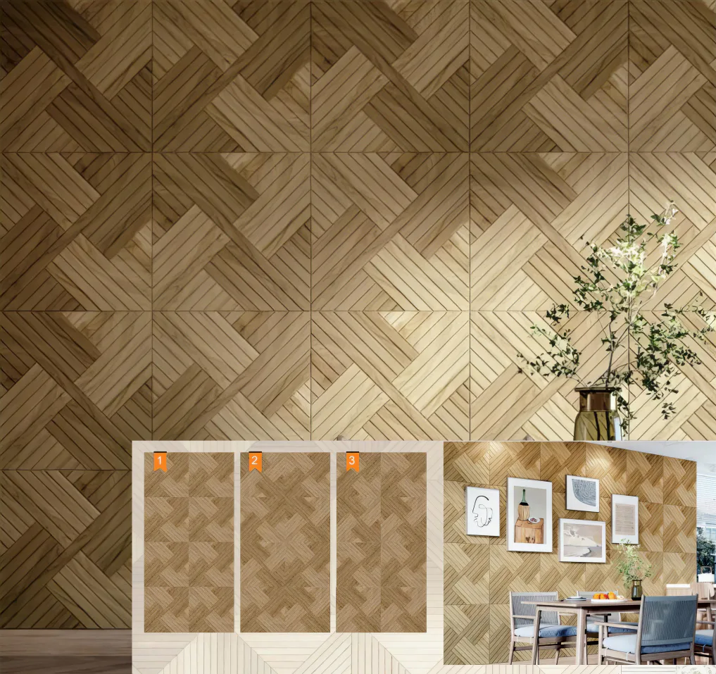 Supplier-provided visualization of a repeating wood-look geometric feature wall