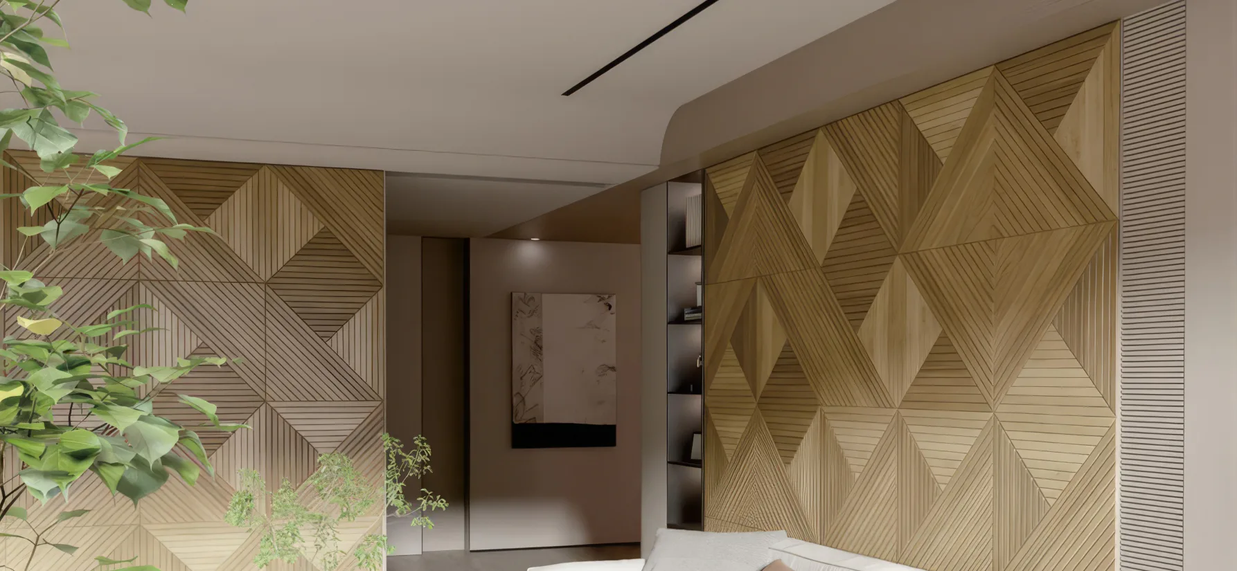 Supplier-provided visualization of faceted wood-look PET wall panels in a hallway