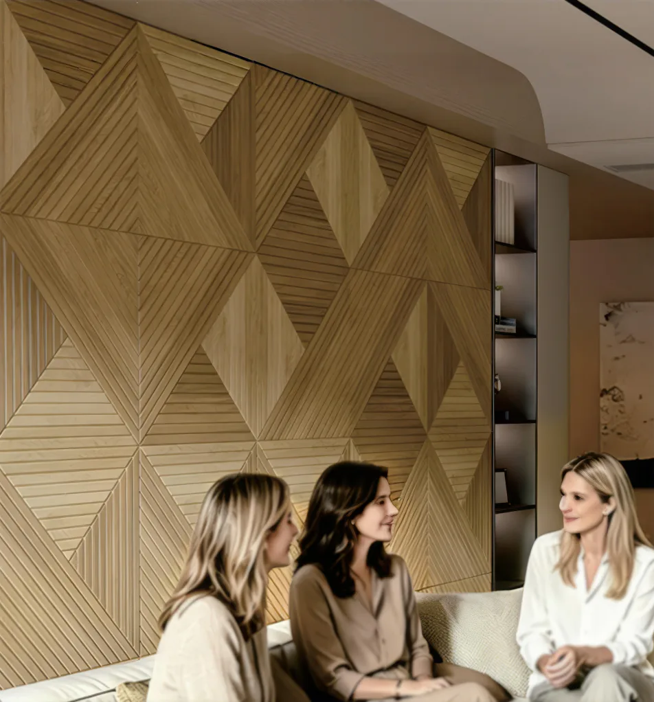 Supplier-provided visualization of geometric wood-look carved PET panels in a lounge
