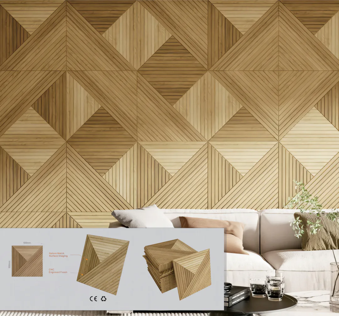 Supplier-provided visualization of geometric wood-look carved PET panels