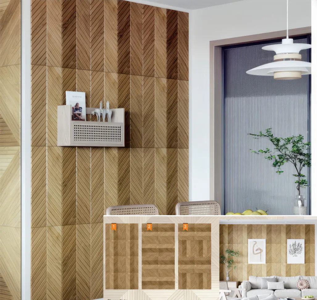 Supplier-provided visualization of linear herringbone wood-look PET panels