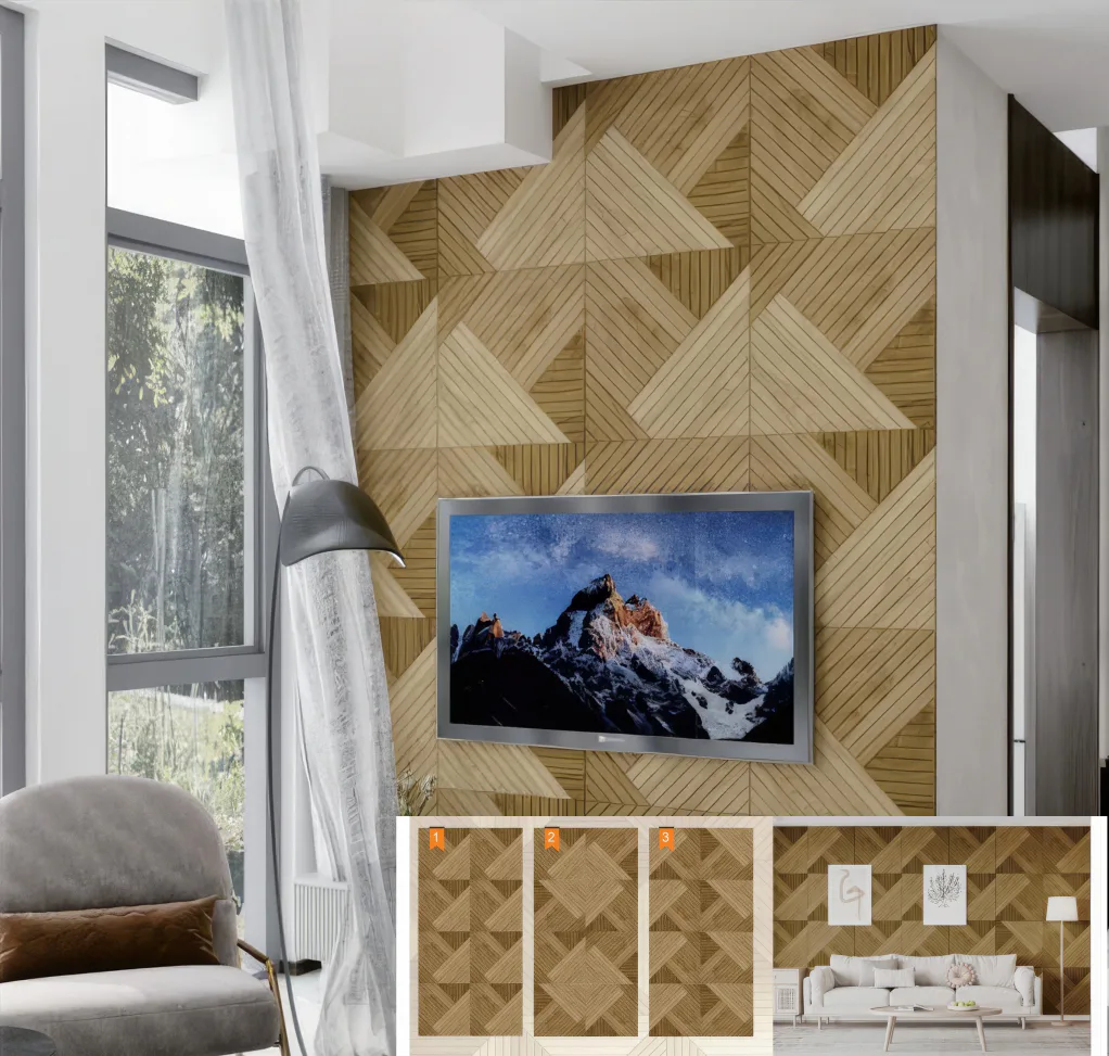 Supplier-provided visualization of wood-look carved PET panels behind a television