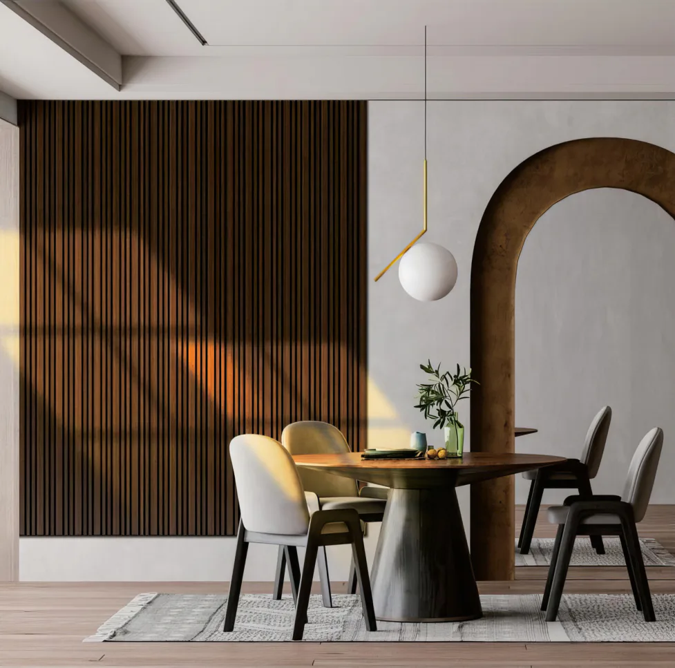 Supplier-provided rendering of dark wood slat panels in an arched dining interior
