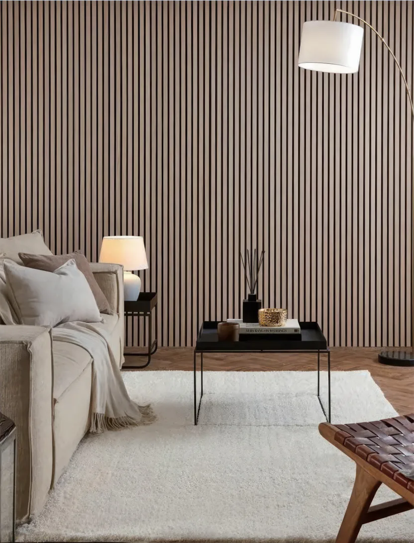 Supplier-provided rendering of pale linear slat wall panels in a bedroom
