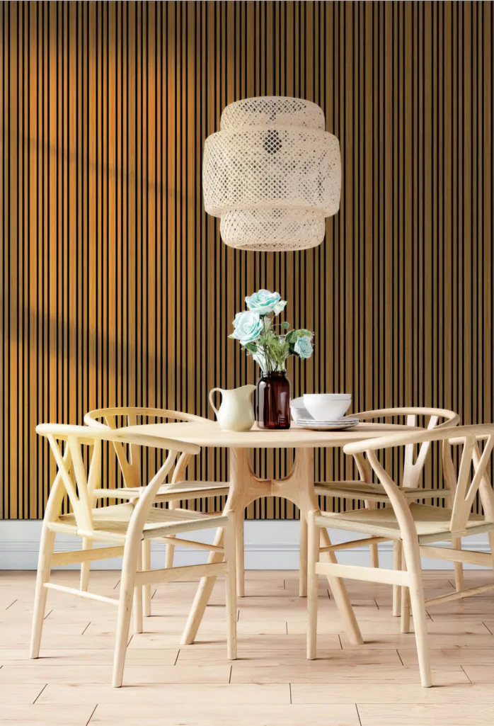 Supplier-provided rendering of dark oak slat panels in a dining room