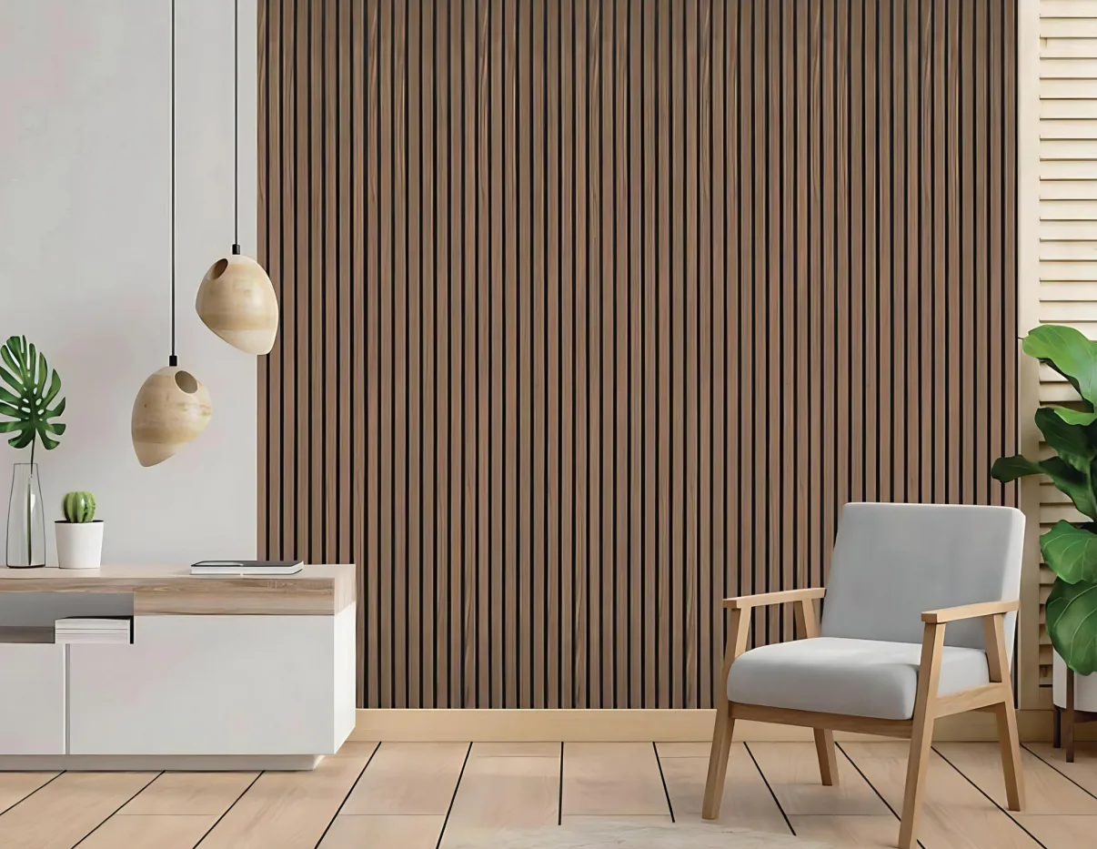 Supplier-provided rendering of wood slat panels in a home office