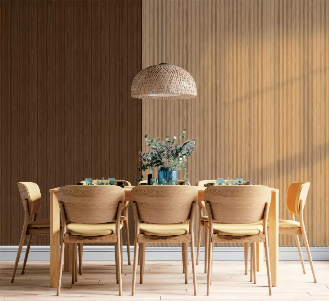 Supplier-provided rendering of light oak slat panels in a dining room
