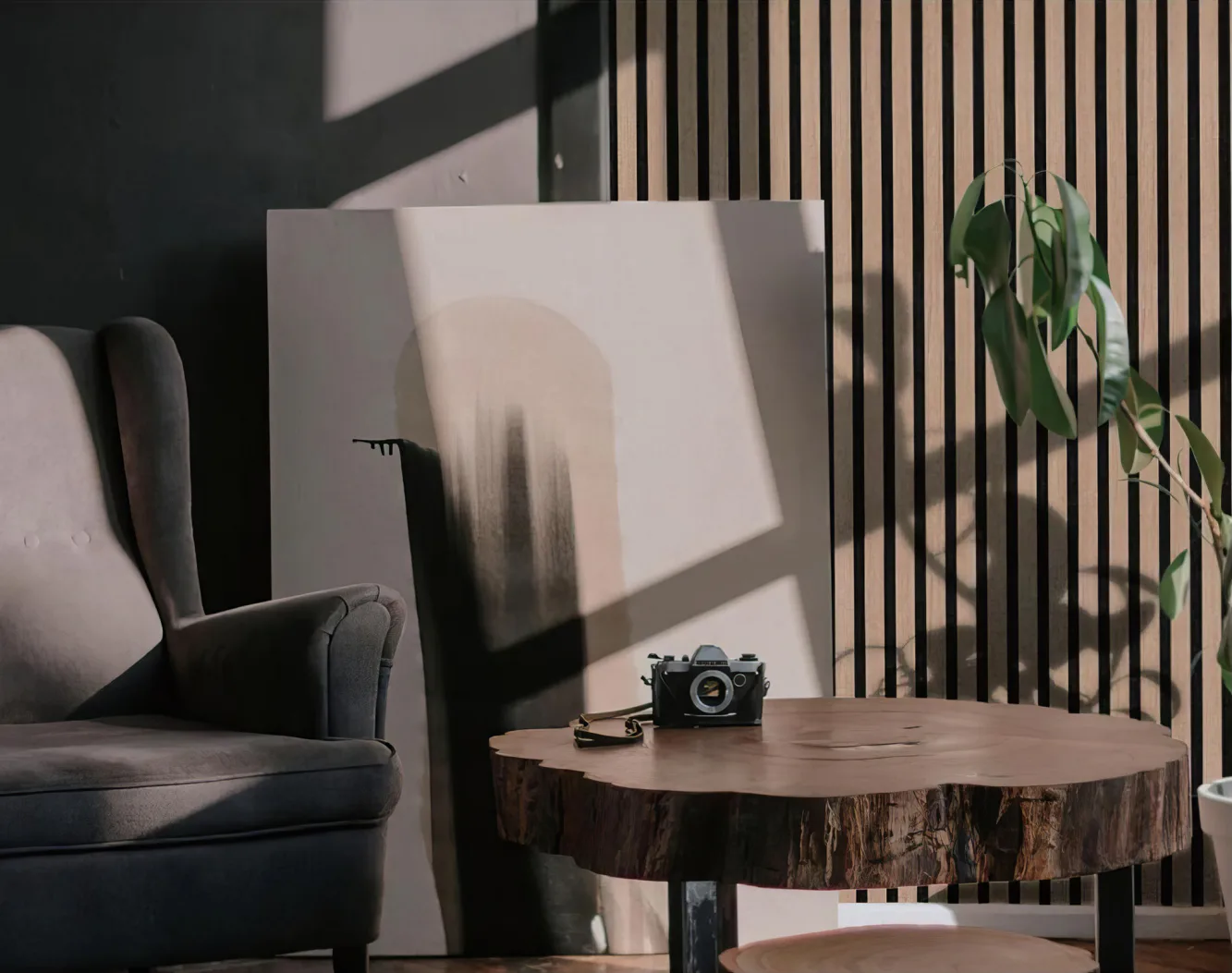 Supplier-provided visualization of wood slat acoustic wall panels in a lounge