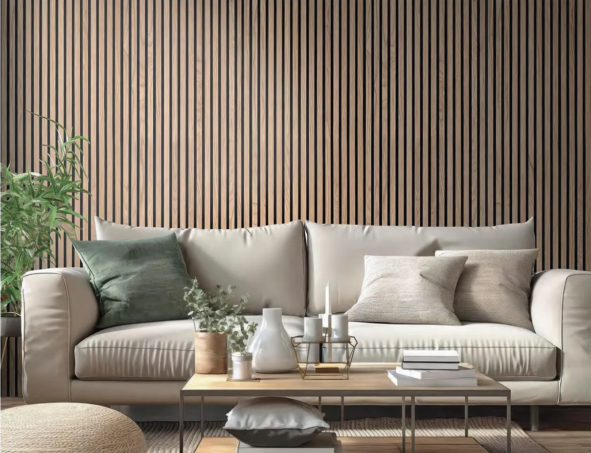 Supplier-provided rendering of linear wood slat panels behind a sofa