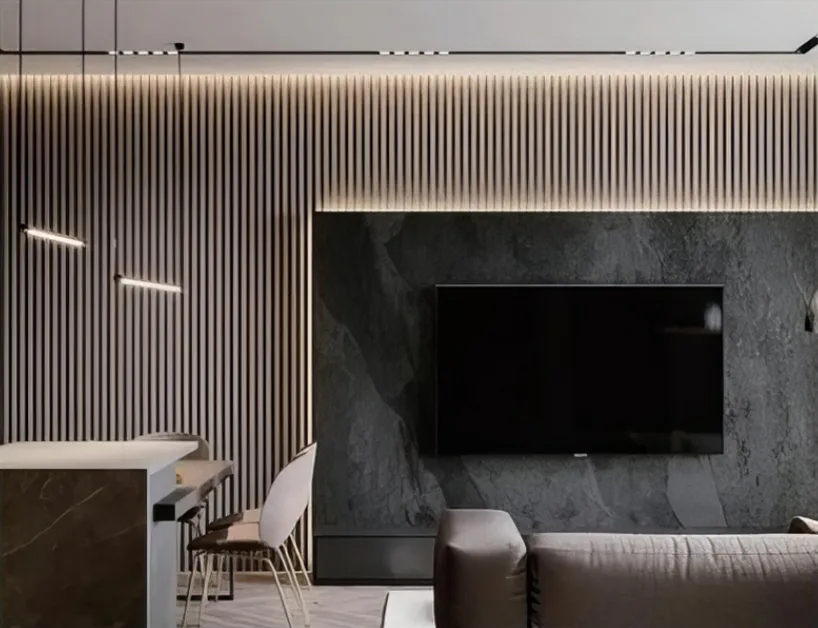 Supplier-provided rendering of slatted wall treatment around a television
