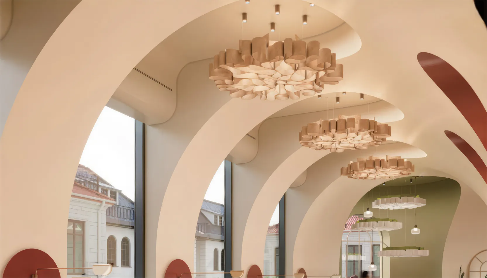 Supplier-provided visualization of tan woven PET ceiling clouds