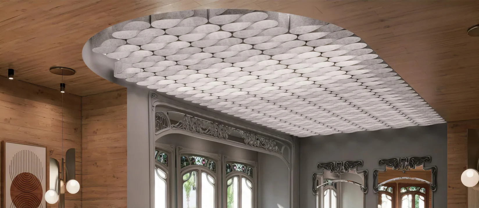 Supplier-provided visualization of a white woven PET ceiling canopy