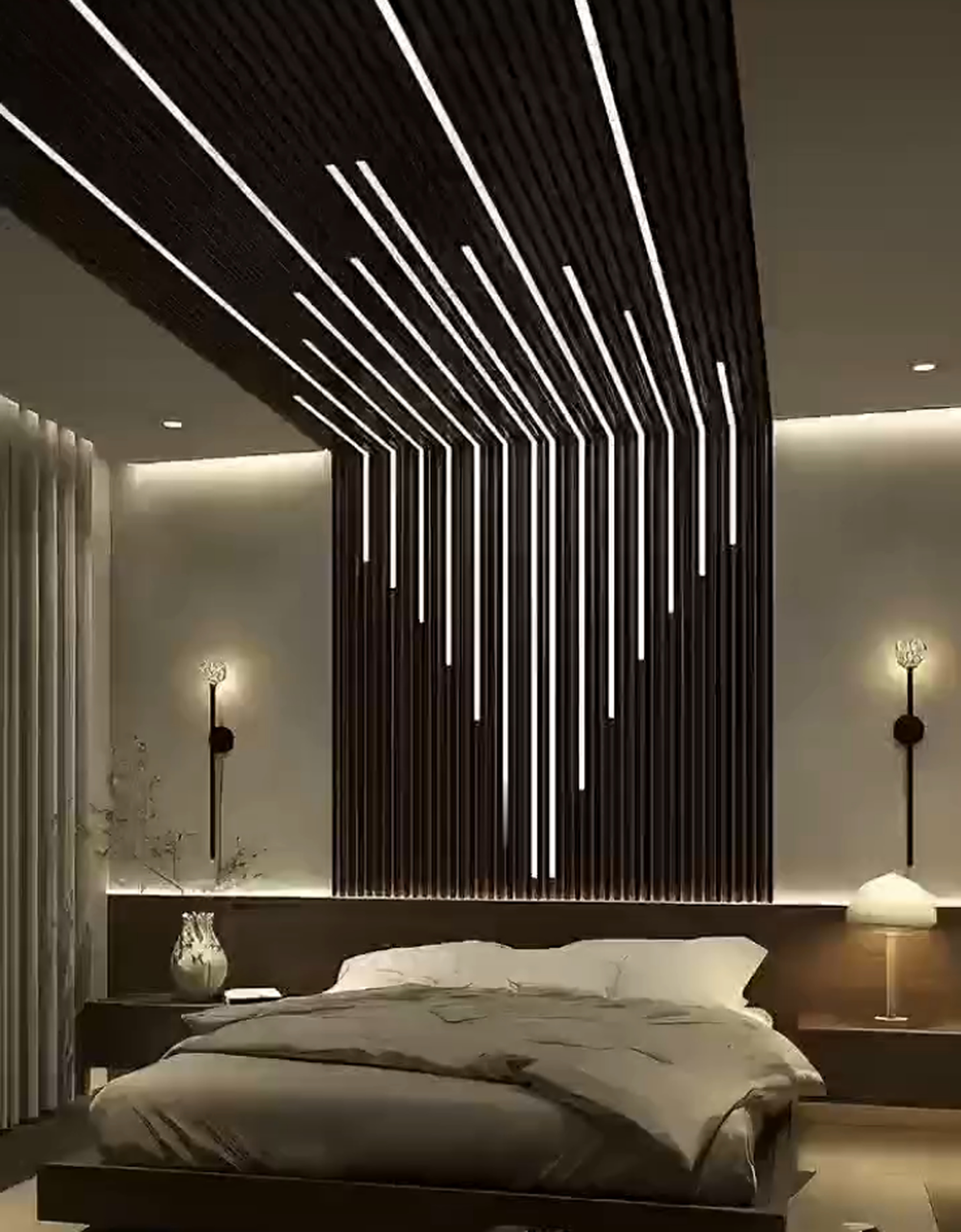 Bedroom with a dark linear slat feature continuing from wall to ceiling
